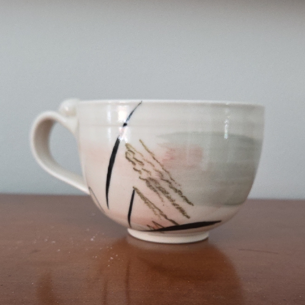 Hand Crafted Ceramic Mug with Pink and Green Accents